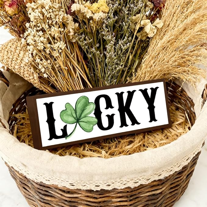 Lucky Wood Sign, Lucky Shamrocks Wooden Block Signs, Rustic Tabletop Decors, Happy St. Patrick's Day Decoration for Home Office, Housewarming Decor, Irish Gift for Women Men, 9.5x3.1x1 inches