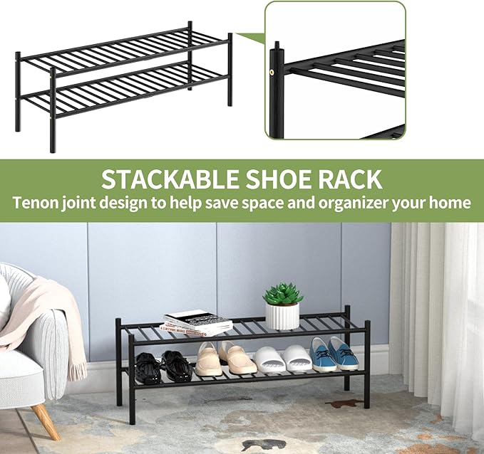 2-Tier Bamboo Long Shoe Rack, Free Standing Wood Shoe Shelf Storage Organizer for Closet Entryway Stackable 35