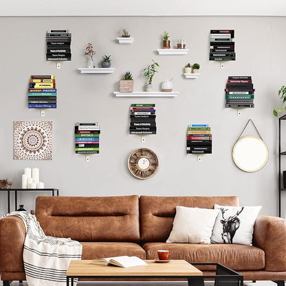 Floating Book Shelves for Wall, 8 Tier Invisible Floating Bookshelf, Vertical Spine Book Tower, Wall Mounted & Space Saving, Heavy Duty Metal Book Organizer for Home Office, 4 Pack White