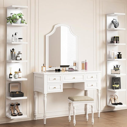 Fixwal 7 Tier Wall Mounted Shelf Unit White Floating Shelves with LED Lights Lack Wall Shelf for Home Decor Organizer Display