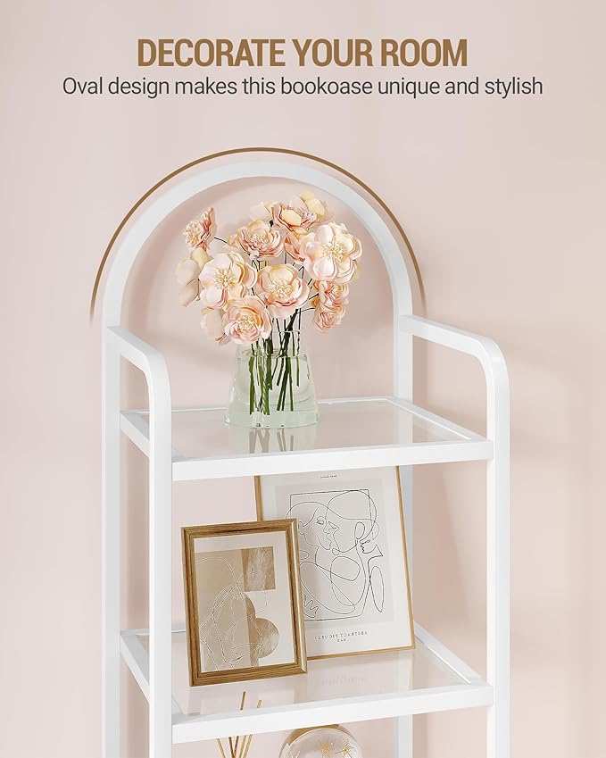 Bookcase Bookshelf, Tempered Glass Bookshelves, Slim Shelving Unit for Bedroom, Bathroom, Home Office, Steel Frame, 5 Tier White BC05099W
