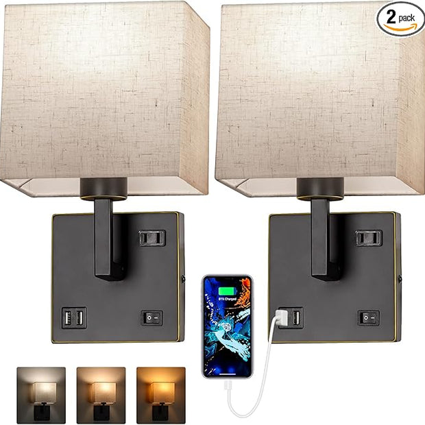 AVV Wall Sconce Lighting, Bedside Wall Mount Light with USB Port, AC Outlet and 3 Color 2700K/4000K/5000K Selectable, Fabric Linen Shade, Wall Lamps for Bedroom Living Room Hotel, Hardwire, Black, 2PK