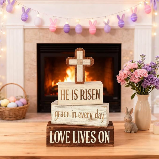 Easter Decorations - He Is Risen Cross Tiered Tray Decor - Religious Easter Wooden Tabletop Sign - Faith Farmhouse Easter Home Decor for Shelf Mantel Indoor - Spring Home Decor for Living Room, Kitchen Counter