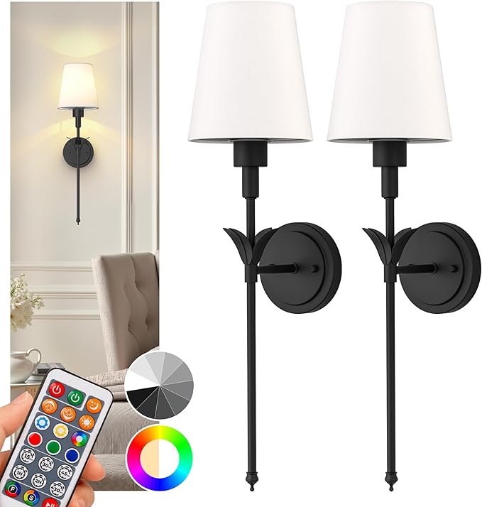 DORESshop Battery Operated Wall Sconce Set of 2, Wireless Wall Light Easy to Install, 7 Color Rechargeable Wall Sconces, Sconce Wall Decor Set of 2 for Bedroom, Living Room, Matte Balck, 24.3in