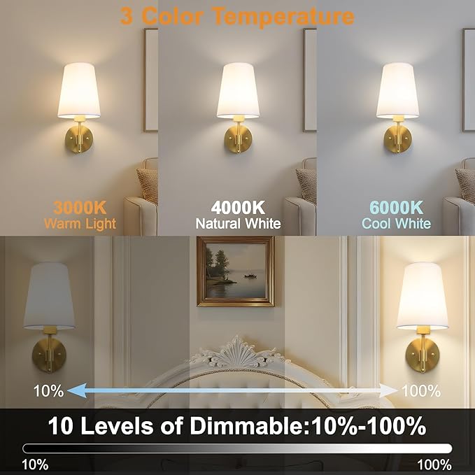 Battery Operated Wall Sconces Set of 2, Rechargeable Gold Wall Sconce with Remote Control, 12 Colors RGB Magnetic Bulb, Wireless Battery Wall Lamp for Bedroom Living Room Hallway