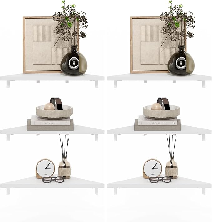 Furinno Rossi Triangle Corner Floating Shelves, Wall Mount Display Shelf, White, Set of 3 (Pack of 2)