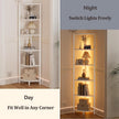 Furnulem 6 Tier Corner Shelf with LED Light, 67.5” Tall Standing Shelf Organizer, White Narrow Bookshelf with Storage Rack for Wall Corner, Living Room, Bedroom, Metal Frame, Wood Display Shelf