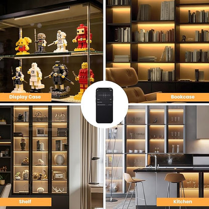 Black Shelf Lights, LED Bookcase Lighting Compatible with Alexa, WiFi Dimmable 2700K Under Shelf Lighting for Bookshelf, Display Case, Cabinets with App, Remote, Memory Function (4Pack 12In)