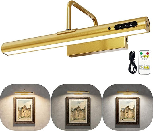 Picture Lights Wall Battery Operated, 14" 6000mAh Rechargeable Display Light with Remote/Rotatable/Dimmable/3CCT Magnetic Wireless Lamp for Painting/Gallery/Artwork/Portraits/Phote/Frame/Poster(Brass)