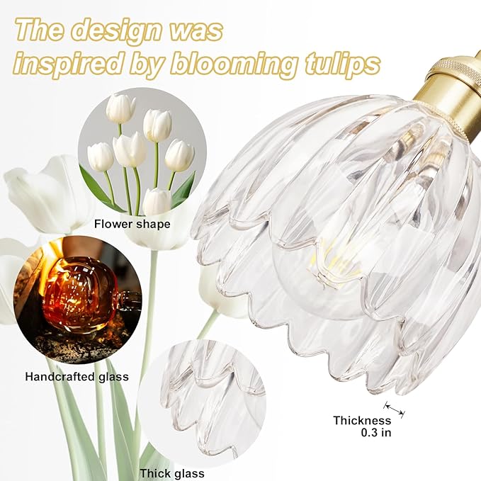 Vintage Bathroom Light Fixtures,3-Light Hardwired Vanity Lights with Clear Tulip Glass Shade,Gold Bathroom Vanity Light for Mirror Restroom,E26 Socket,18.5 in(Bulbs Not Included)