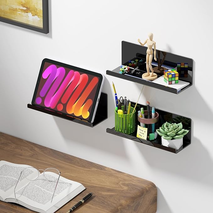 Acrylic Floating Shelves for Wall No Drilling, Self Adhesive Space-Saving Shelves, 12 Inch Floating Shelf Stick on Wall Shelf, for Bathroom, Kitchen, Bedroom, Office, Gaming Room, Black