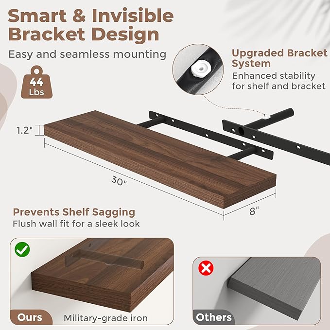 30 Inch Floating Shelves for Wall Set of 2, 8"D Wood Grain Bathroom Shelves with Invisible Brackets, Easy Install Engineered Wood Storage Shelves for Kitchen, Living Room, Bedroom, Walnut Finish