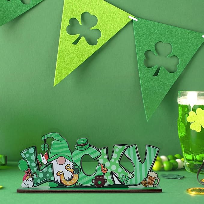 St Patricks Day Decor for Table Irish Lucky Decoration Leprechaun Wooden Centerpieces Rustic Farmhouse Sign for Tabletop Home Shelf Office St Patricks Day Party Decoration Green