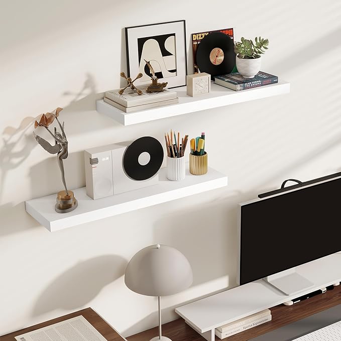 Fun Memories Rustic Floating Shelves for Home Decor, 8 Inch Deep Floating Shelf, Solid Wood Floating Wall Shelves 30 Inch Long, Deep Wall Shelves for Bathroom, Living Room, White Finsh, Set of 2