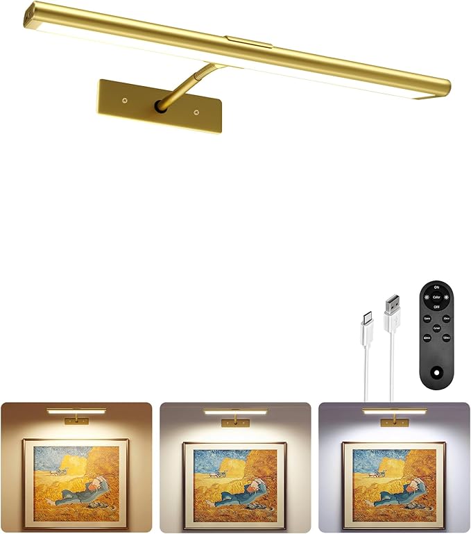EZVALO Picture Light for Wall, 4800mAh 13'' Rechargeable Wireless Lights with IR Remote Control, Dimmable Magnetic LED Art Display Light with 3 Color Temp, for Gallery, Living Room, Bedroom(Gold)