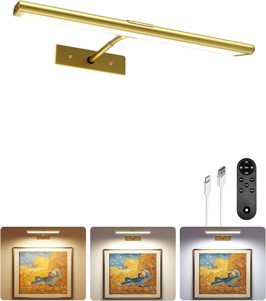 EZVALO Picture Light for Wall, 4800mAh 13'' Rechargeable Wireless Lights with IR Remote Control, Dimmable Magnetic LED Art Display Light with 3 Color Temp, for Gallery, Living Room, Bedroom(Gold)