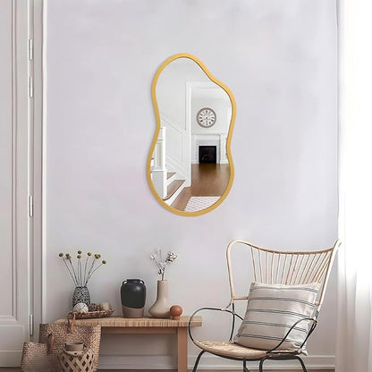 AAZZKANG Gold Asymmetrical Mirror with Wooden Frame Irregular Decorative Wall Mirrors for Bedroom Dressing Room Living Room Bathroom Entryway Small