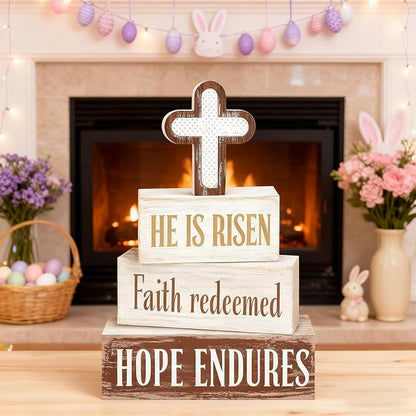 Easter Decorations - He Is Risen Cross Tiered Tray Decor - Faith Redeemed Religious Wooden Tabletop Sign - Farmhouse Easter Christian Home Decor Indoor - Spring Home Decor for Living Room, Kitchen Counter, Seasonal Farmhouse Display
