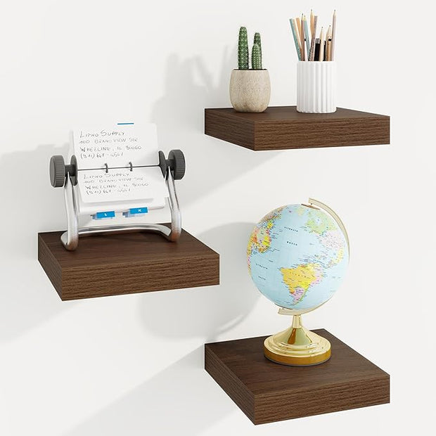Marsmiles Square Floating Shelves for Wall, 8" W x 8" D x 1.25" H, 3 Pack Small Wall Mounted Engineered Wood Shelves with Invisible Brackets for Living Room, Bedroom, Bathroom, Kitchen Decor, Walnut