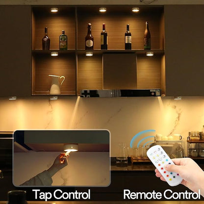 Puck Lights with Remote Control, Battery Operated Wireless Under Cabinet Lighting, RGBCW Stick On Tap Lights for Kitchen, Shelf, 4 Pack - White