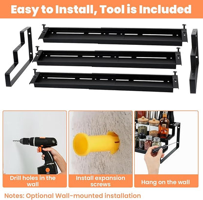 Spice Rack Organizer for Cabinet, Expandable 3 Tiered Spice Rack, Metal Spices Organizer, Display Shelf Organizers for Cabinet, Countertop, Pantry, Cupboard (Black)