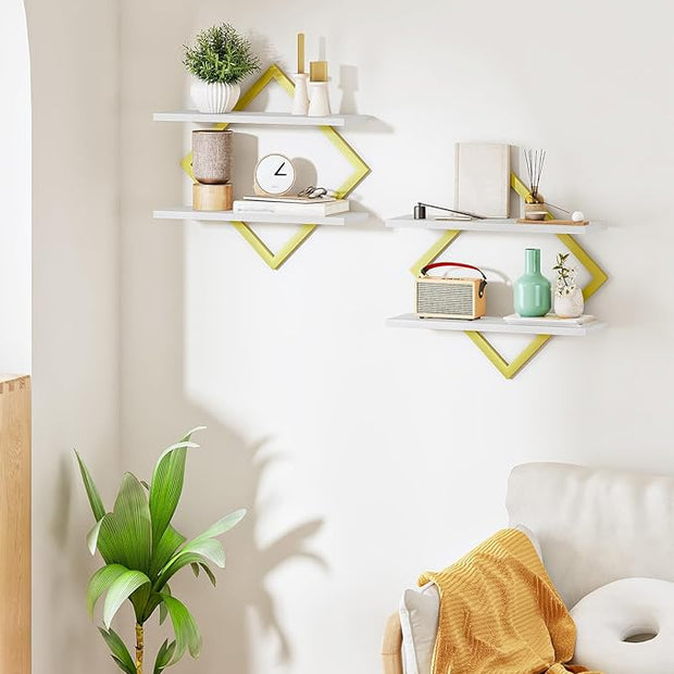 Floating Shelves for Wall, Set of 2 Wall Mounted Shelves, 2-Tier Hanging Shelves, for Living Room, Bedroom, Kitchen, Office, Study, Gold and White TBJ01P2JW