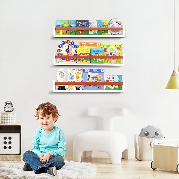 Floating Wall Nursery Book Shelves for Bedrooms Kids 24 Inch White Wooden Baby Book Shelf for Kids Rooms Set of 3 Nursery Shelves for Wall Mounted Honey Stain Toddler Bookshelf for Kids Wall