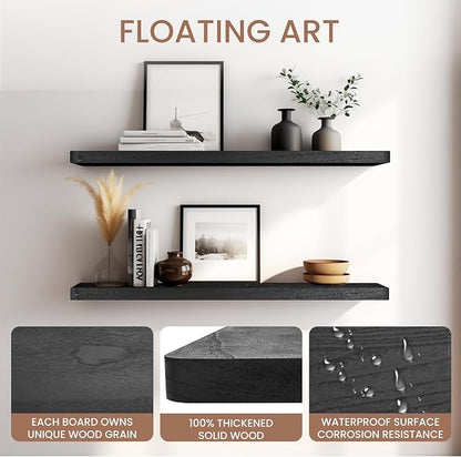 Floating Shelves 16 in, Set of 3 Solid Rustic Wood Wall Mounted Shelves, Wall Picture Ledge Shelf with Invisible Metal Brackets for Living Room, Bedroom, Bathroom, Black