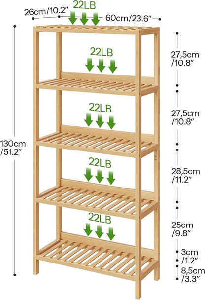 HOOBRO Bamboo Storage Shelf, 5-Tier Freestanding Shelving Unit, Multifunctional Storage Rack with Back Panel, 23.6 x 10.2 x 51.2 inches, for Bathroom, Living Room, Balcony, Kitchen, Natural YL96CJ01