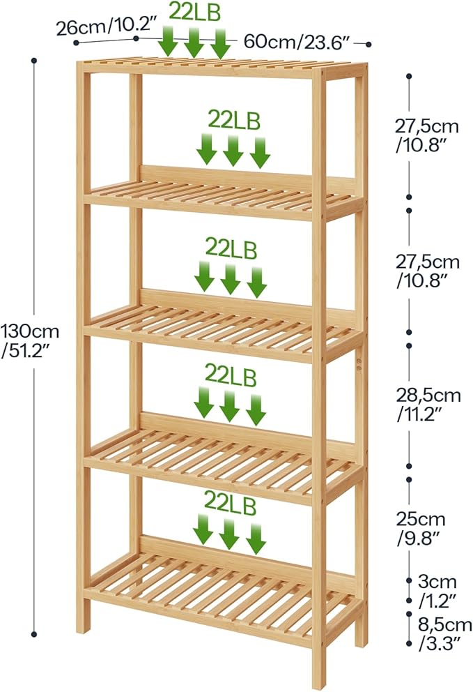 HOOBRO Bamboo Storage Shelf, 5-Tier Freestanding Shelving Unit, Multifunctional Storage Rack with Back Panel, 23.6 x 10.2 x 51.2 inches, for Bathroom, Living Room, Balcony, Kitchen, Natural YL96CJ01