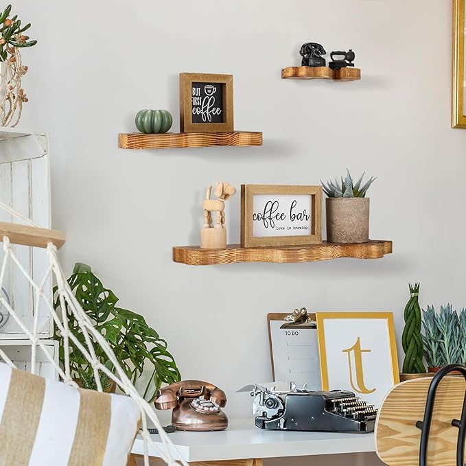 Suzile Set of 3 Small Rustic Wave Edge Floating Shelf 3 Size Live Edge Wooden Shelf with Metal Bracket Wall Mounted Display Ledge Shelves Farmhouse Vintage Wall Decor for Living Room Bedroom (Brown)