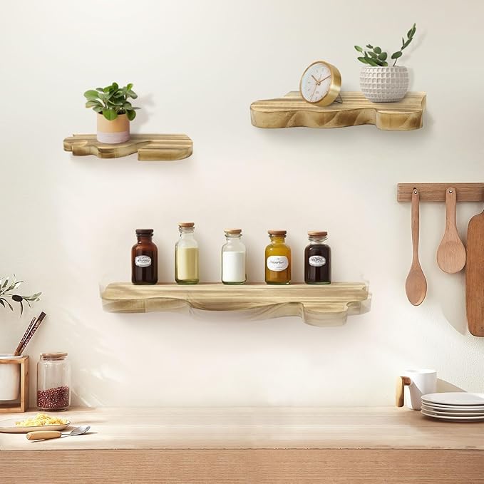 3 Sets Small Floating Shelves for Wall, 3 Size Rustic Live Edge Floating Shelves with Invisible Metal Bracket for Living Room Bedroom Kitchen, Wooden