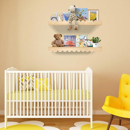 Nursery Book Shelves 24Inches-Floating Shelves for Bedroom Kids, Scalloped Shelves for Wall 2 Pack, Scalloped Shelf for Toddler Room, Baby Room, Nursery Decor, Natural, Large