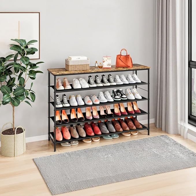 Shoe Rack Organizer 5 Tier Metal Organizer Shelf with Industrial MDF Board and Layer Fabric for Entryway Closet Bedroom Living Room Garage (Black+Rustic Brown, 5 Tier(47.2" W))