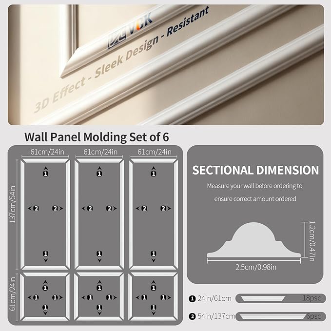 VCK Pre-Cut Wall Molding Set of 6 | Wainscoting Panels Kit for Accent Wall | Ready-to-Assemble Wall Panels for Living Room, Bedroom | Easy DIY Installation with Glue (3 Top & 3 Bottom)
