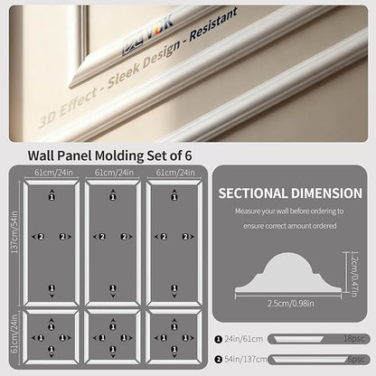 VCK Pre-Cut Wall Molding Set of 6 | Wainscoting Panels Kit for Accent Wall | Ready-to-Assemble Wall Panels for Living Room, Bedroom | Easy DIY Installation with Glue (3 Top & 3 Bottom)