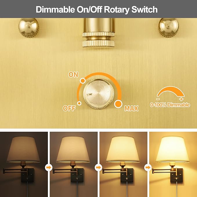 TRLIFE Wall Sconce Plug in, Brushed Brass Dimmable Wall Sconces Set of 2 Swing Arm Wall Lights with Plug in Cord and Dimmer On/Off Knob Switch, 9.4