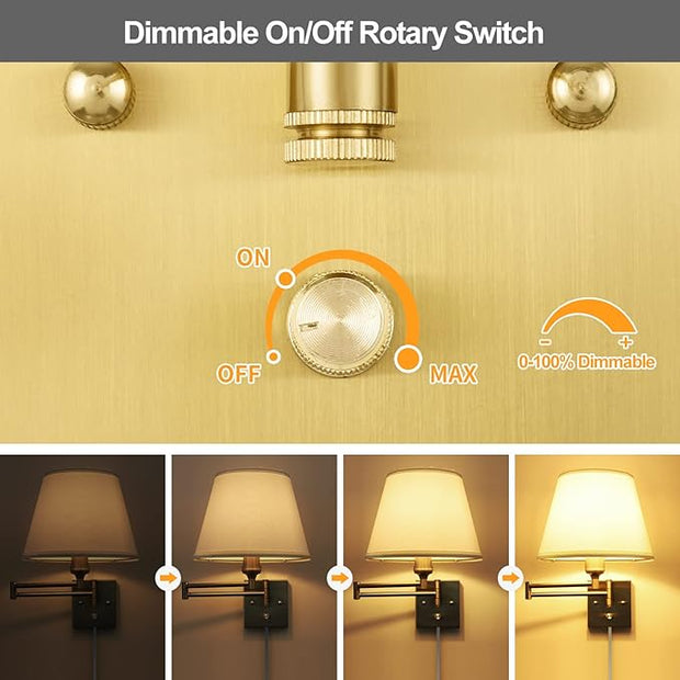 TRLIFE Wall Sconce Plug in, Brushed Brass Dimmable Wall Sconces Set of 2 Swing Arm Wall Lights with Plug in Cord and Dimmer On/Off Knob Switch, 9.4" Medium White Fabric Shade(2 LED Bulbs Included)