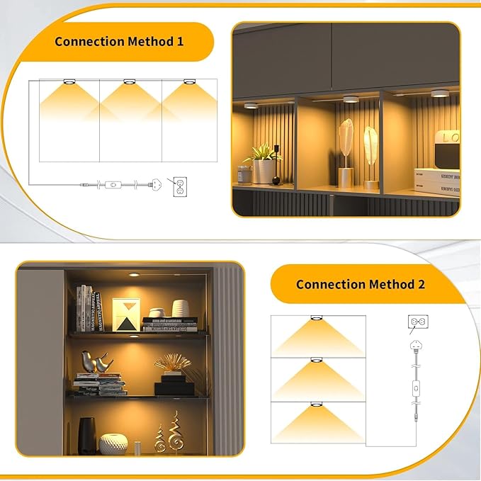 WOBANE LED Puck Lights,Hardwired Under Cabinet Lighting with Switch,DIY Shelf Light for Kitchen,Display,Bookcase,Pantry,Linkable,Recessed & Wall Plug in,Warm White 3000K,120V,Set of 3