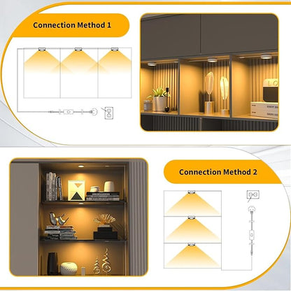 WOBANE LED Puck Lights,Hardwired Under Cabinet Lighting with Switch,DIY Shelf Light for Kitchen,Display,Bookcase,Pantry,Linkable,Recessed & Wall Plug in,Warm White 3000K,120V,Set of 3