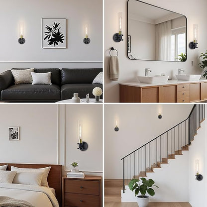 Wall Sconces Set of Two, Bathroom Sconces with Clear Glass, Hardwired Sconces Wall Decor Set of 2, Modern Wall Lights for Living Room Mirror Bedroom Hallway Kitchen (Gold and Black)
