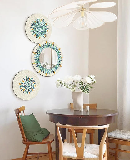 Jewel-Tone Mother of Pearl Mirror Wall Decor for Living Room, 3PCS Handmade Round Wall Art for Home Guest Room Decoration, Unique Mosaic Art Gift for Birthday Wedding Housewarming (Colored)