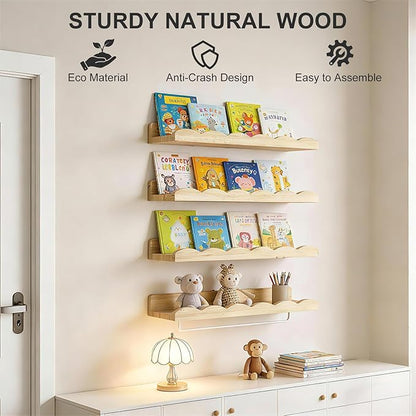 Fixwal Nursery Book Shelves, 16.5 Inch Floating Bookshelves for Wall Set of 4, Scalloped Wall Book Shelves with Towel Rack for Kids, Toddler Room, Baby Room, Nursery Decor and Storage(Natural Wood)