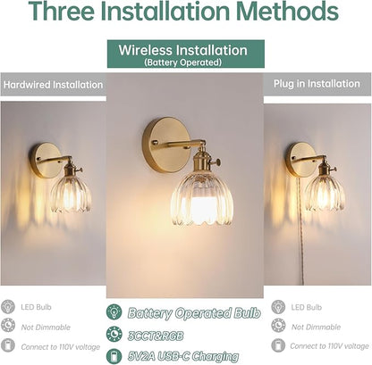 Vintage Battery Operated Wall Sconce with Transparent Tulip Glass Lampshade Rechargeable Battery Powered Wall Light with Remote Control for Bedside Bedroom Doorway