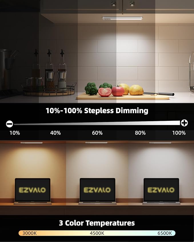 EZVALO 8-inch Under Cabinet Lighting, 1800mAh Rechargeable Motion Sensor Light, 3 Color Temperatures, Dimmable Magnetic Wireless Light for Kitchen, Pantry, Closet, Stairs