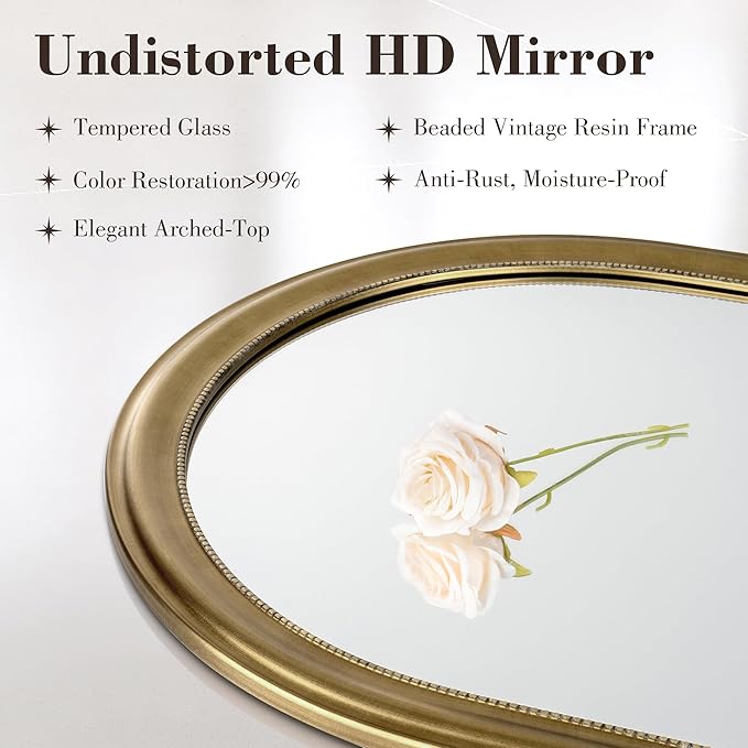 Axeman 22x30 Arched Wall Mirror, Decorative Bathroom Mirror, Traditional Vintage Wall Mounted Mirror with Beaded Frame for Accent Living Room Vanity Bedroom Entryway, Gold