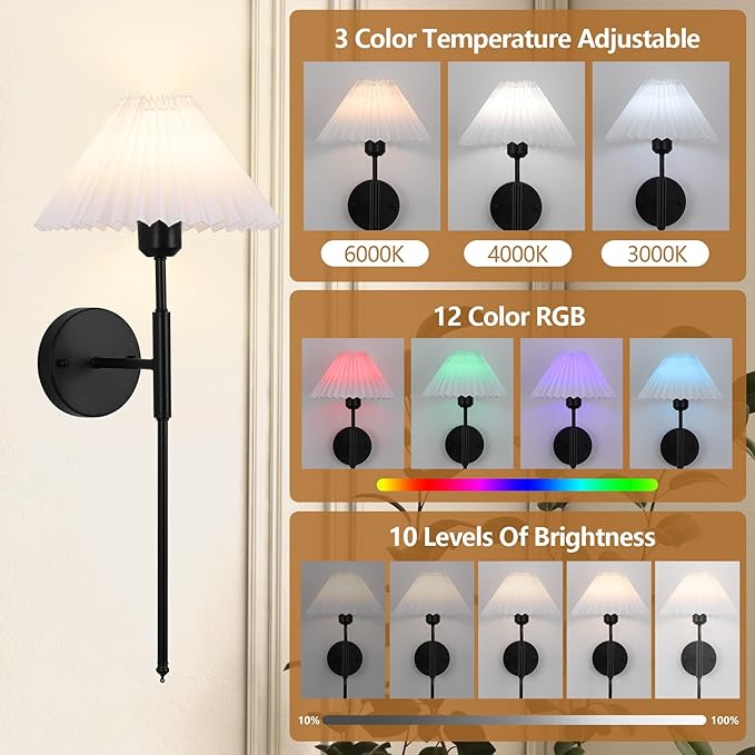 Battery Operated Wall sconces Set of Two,Rechargeable Wall Lights with Remote Control,Wireless Wall Sconce Dimmable,15 Color Changing,Black Battery Wall Lamp for Bedroom Living Room Hallway
