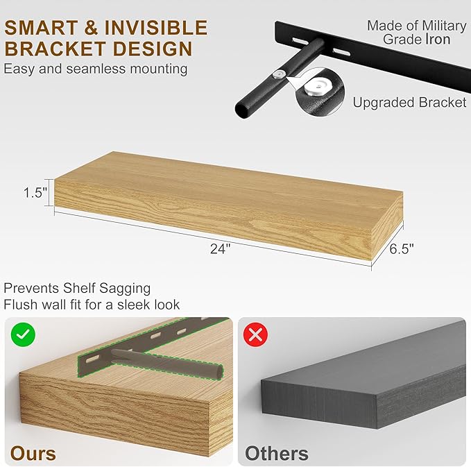 Fun Memories Floating Shelves for Wall, 24Inch Floating Shelves Set of 2, Hanging Shelf with Invisible Brackets, Wood Shelves for Living Room, Bedroom, Kitchen, Oak