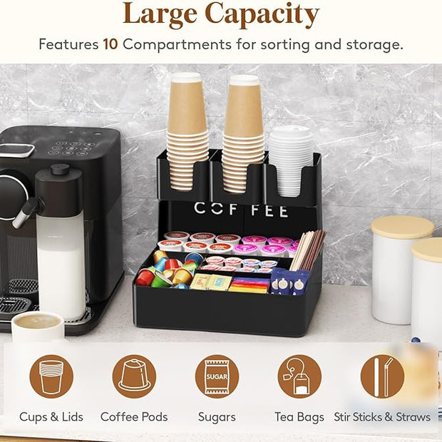 Lifewit 2-tier Coffee Station Organizer Caddy for Countertop, 10 Compartments Coffee Bar Organizers for Cups, Pods, Sugar, Compact Condiment Holders Storage for Office Breakroom Kitchen Home Black