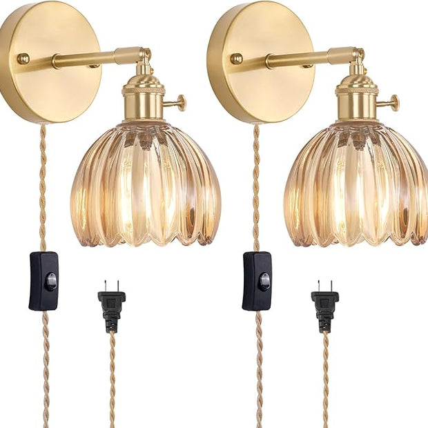 Plug in Wall Sconce, Amber Tulip Glass Lampshade Wall Light Plugin Corded for Bedside Bedroom Doorway, 2 Pack